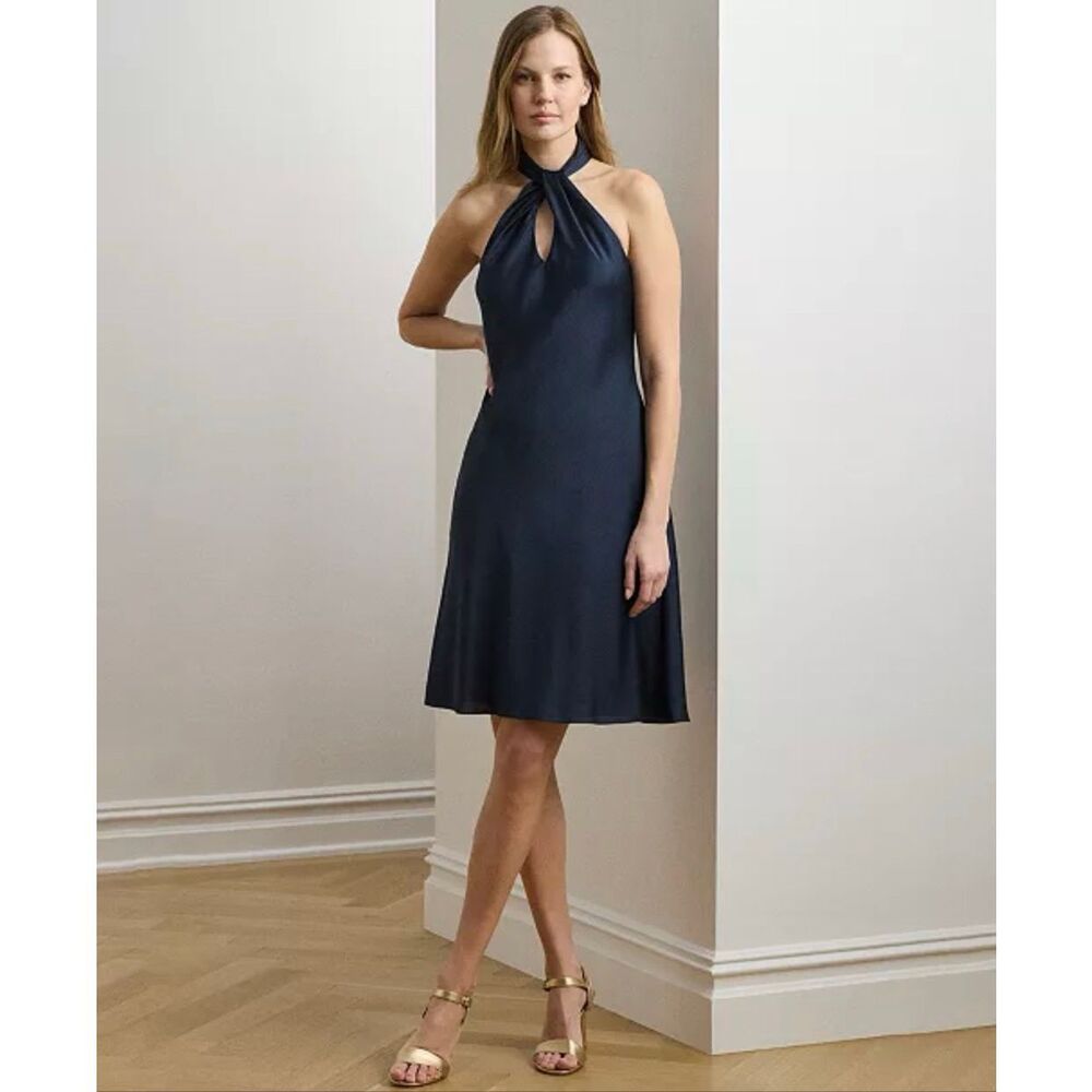 Lauren Ralph Lauren Charmeuse Twist Halter Cocktail Dress Shadow Navy 12